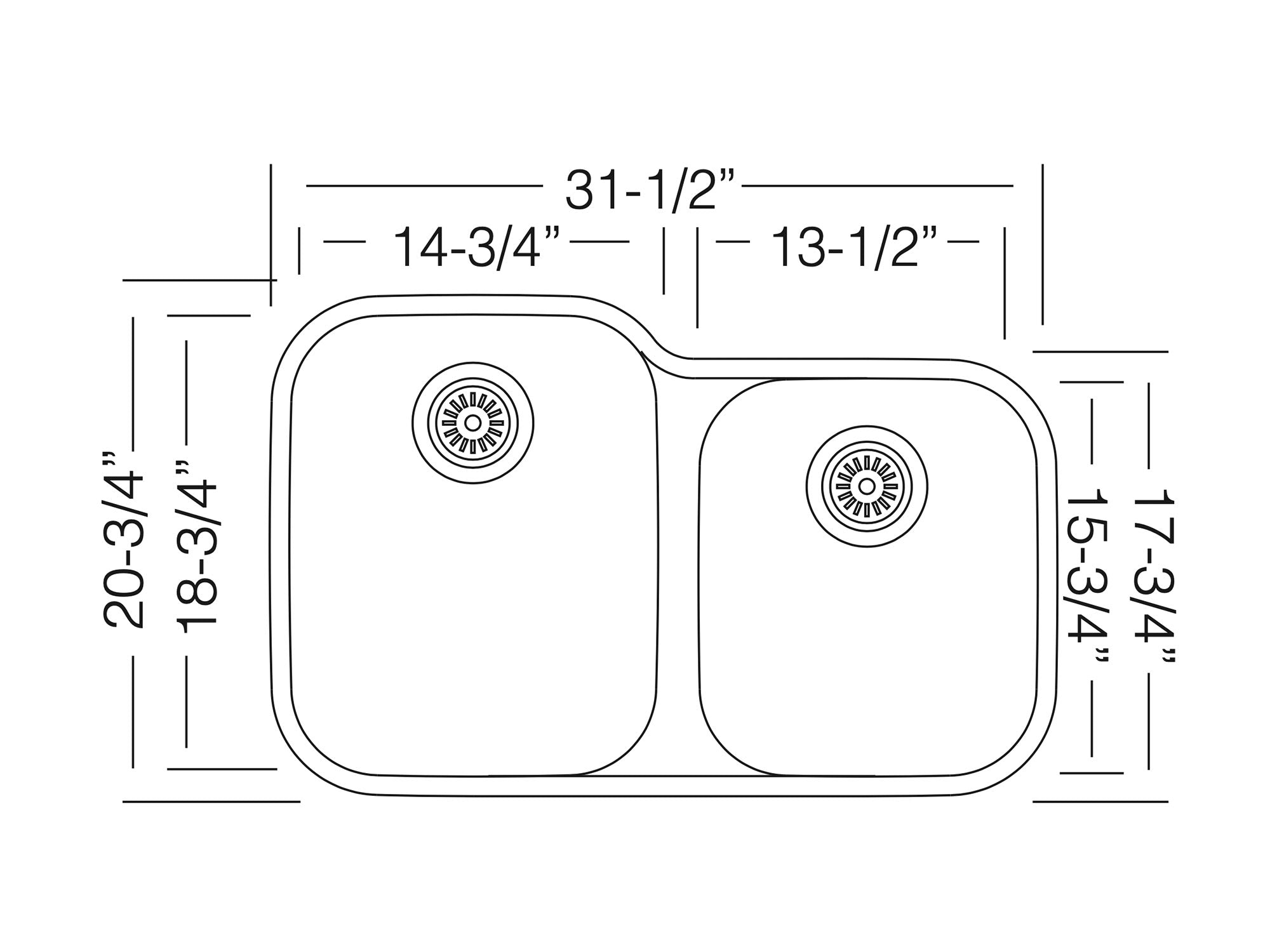32 inch Stainless Steel Undermount Large Double 60/40 Low Divider Bowl Kitchen Sink - Classic 32L 60/40 - Sink Depot