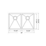 34 Inch Stainless Steel Undermount Kitchen Sink Double Bowl 50/50 - Sink Depot Zero 34 Double